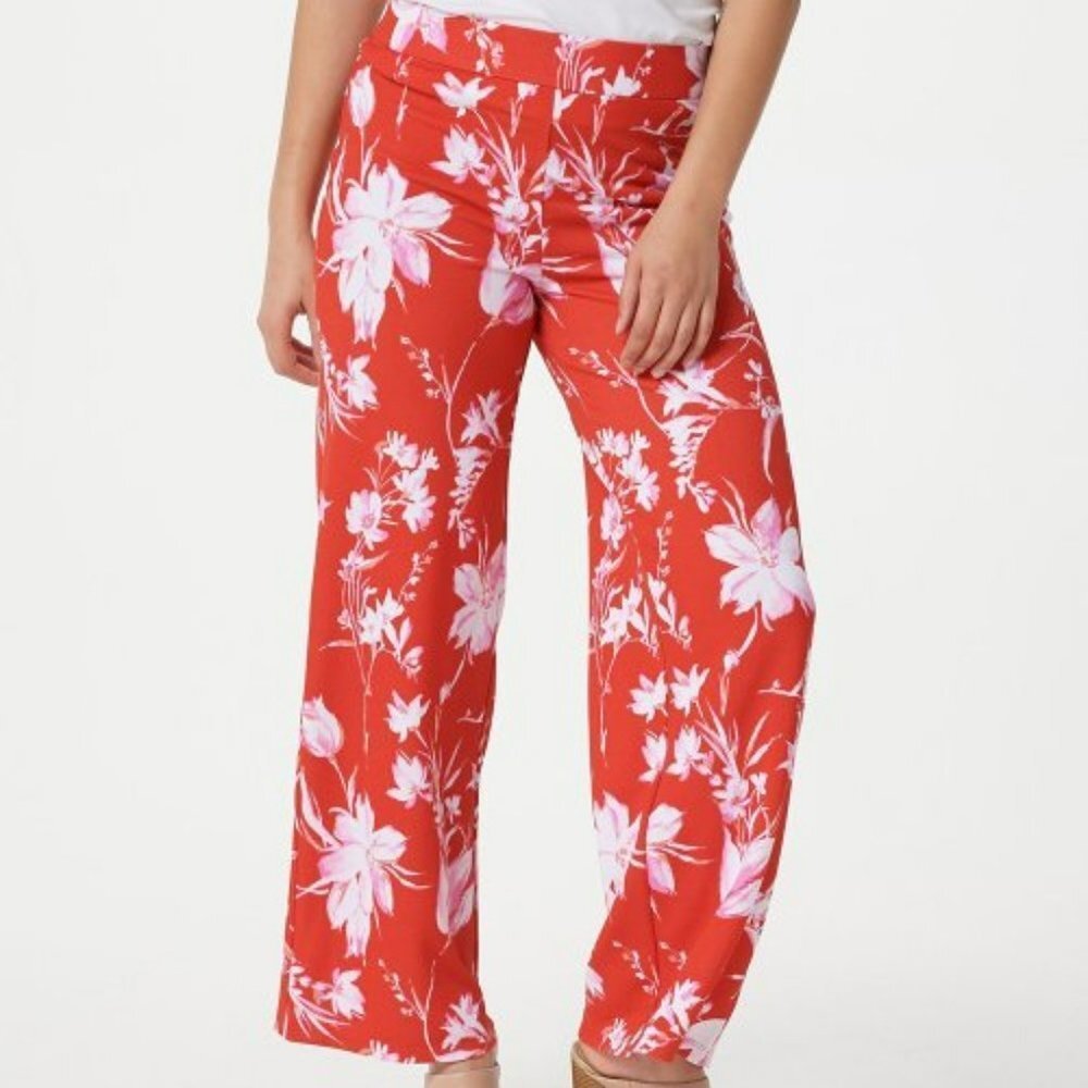 Isaac Mizrahi Live, Red Floral pebble knit, wide-leg pant, Sz 3X, NIB